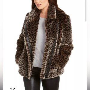NWOT CALVIN KLEIN Leopard-Print Faux-Fur Moto Coat